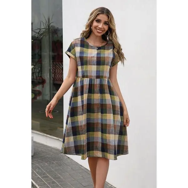 Women's Casual A-Line Checkered Print Dress - Polyester, Boat Neck, Short-Sleeve, 2 Color Options, Fashion Apparel
