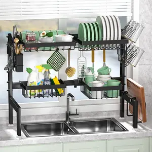 Telescoping dish drainer rack, Dish Drying Rack, kitchen sink storage rack, adjustable utensil organizer, large-capacity multi-purpose holder, countertop storage basket, suitable for storing cups, pots, cleaning supplies, cutting boards, and cutlery
