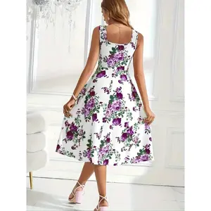 YehGoods 2026 Women's Floral Print Square Neck Sleeveless Check Dress, Elegant Casual Graduation Dress for Women, Summer Beach Holiday Everyday Womenswear Gamis, Elegance