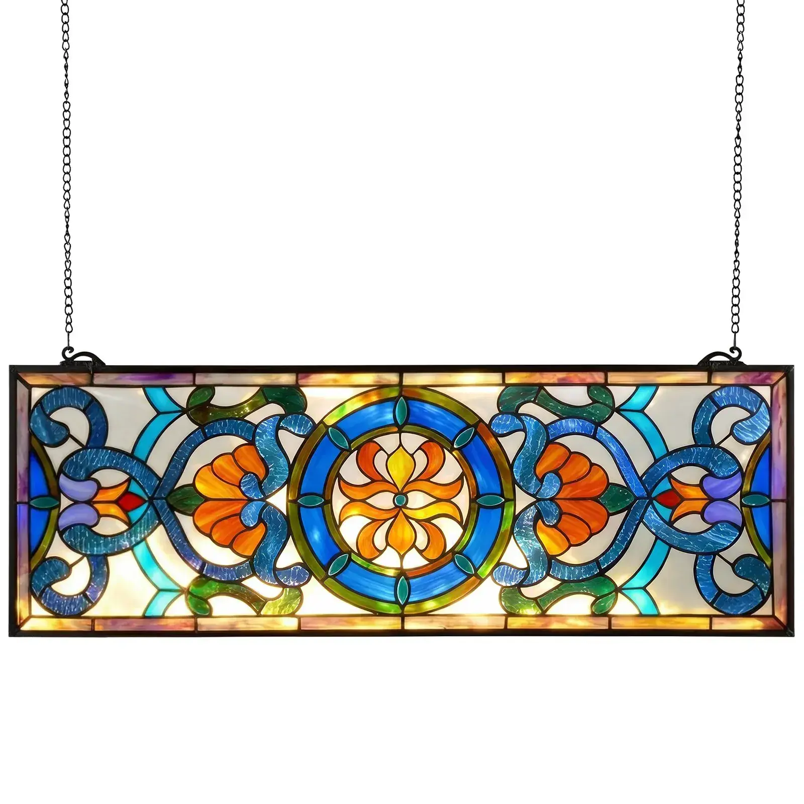 Horizontal Rectangle Stained Glass Transom Panel, 35.1 × 12.9 Inch Tiffany Style Handmade Art Window Hanging, Premium Light Transmitting Glass with Pre-Installed Hanging Chain, Fade Resistant Decorative Glass Panel for Kitchen, Living Room & Cafe