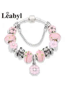 Cute Pink Crystal Flower Women's Beaded Bracelet ,Pink Enamel Floral Bear Fashion DIY Jewelry Gift