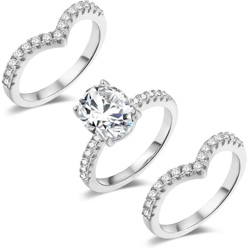 GEMSME Female 2CT 7*9mm Oval Cut Artificial Zircon Crystal Engagement Ring Stack - 2 V Bands 3-in-1 Band Set for Women, Mother’s Day/Birthday Gift R-7521, Artificial Zircon Rings