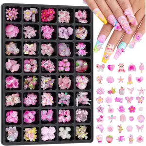 3D Pink Assorted Nail Charms Kit, 40 Styles Cute Flowers Bows Butterflies Bees Hearts Candy Dragonfly Peacock Mushroom Shell Fish Cloud Rainbow Nail Charms for Nail Art Design DIY Crafts(Pink)