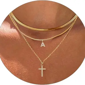New 26 Letter Necklace Layered Set Initial Cross Diamond Pendant Clavicle Chain for Women