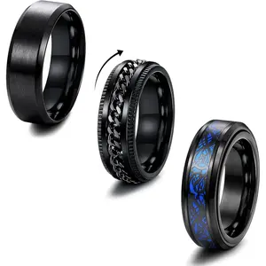 3Pcs Black Stainless Steel Spinner Rings Set for Men | 8mm Fidget Anxiety Rings | Cool Celtic Dragon & Chain Inlay Band