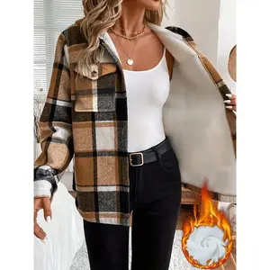 Women’s casual plaid hooded jacket with fleece lining, woven polyester fabric, shirt-style button details, all-season warmth, lightweight outerwear coat, fitted khaki long-sleeve top