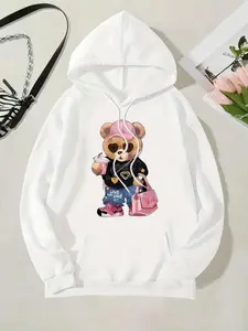 Women's Cartoon Bear Print Drop Shoulder Drawstring Hoodie, Fashion Casual Long Sleeve Pocket Hooded Sweatshirt for Daily Holiday Outdoor Wear, Women Clothing for Fall & Winter