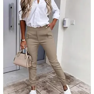 Slim Fit High Waist Cuffed Joggers Casual Trousers with Pockets Fashion Tapered Pants Women