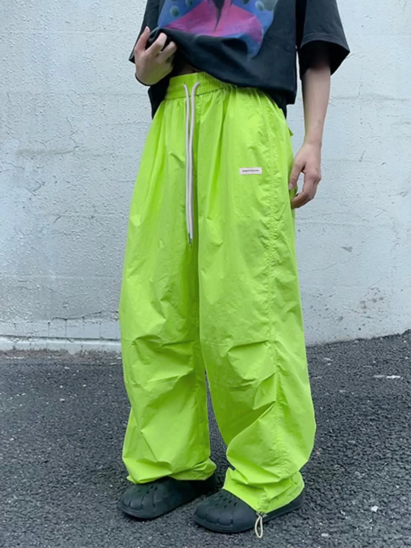 Lgbtq+unisex Men's Letter Patched Drawstring Waist Wide Leg Pants, Casual Waterproof Loose Straight Leg Trousers, Summer Outfits 2024 for Work, Women
