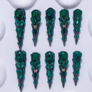 Nailssbysheccid, 10pcs press-on nails, Long point, 100% handmade, simple style, combined with French style, Nail Art, 3D, Elegant rhinestone decorated, suitable for family dinners, dates, weddings, Comes with jelly glue, crystal sticks and twisting rods