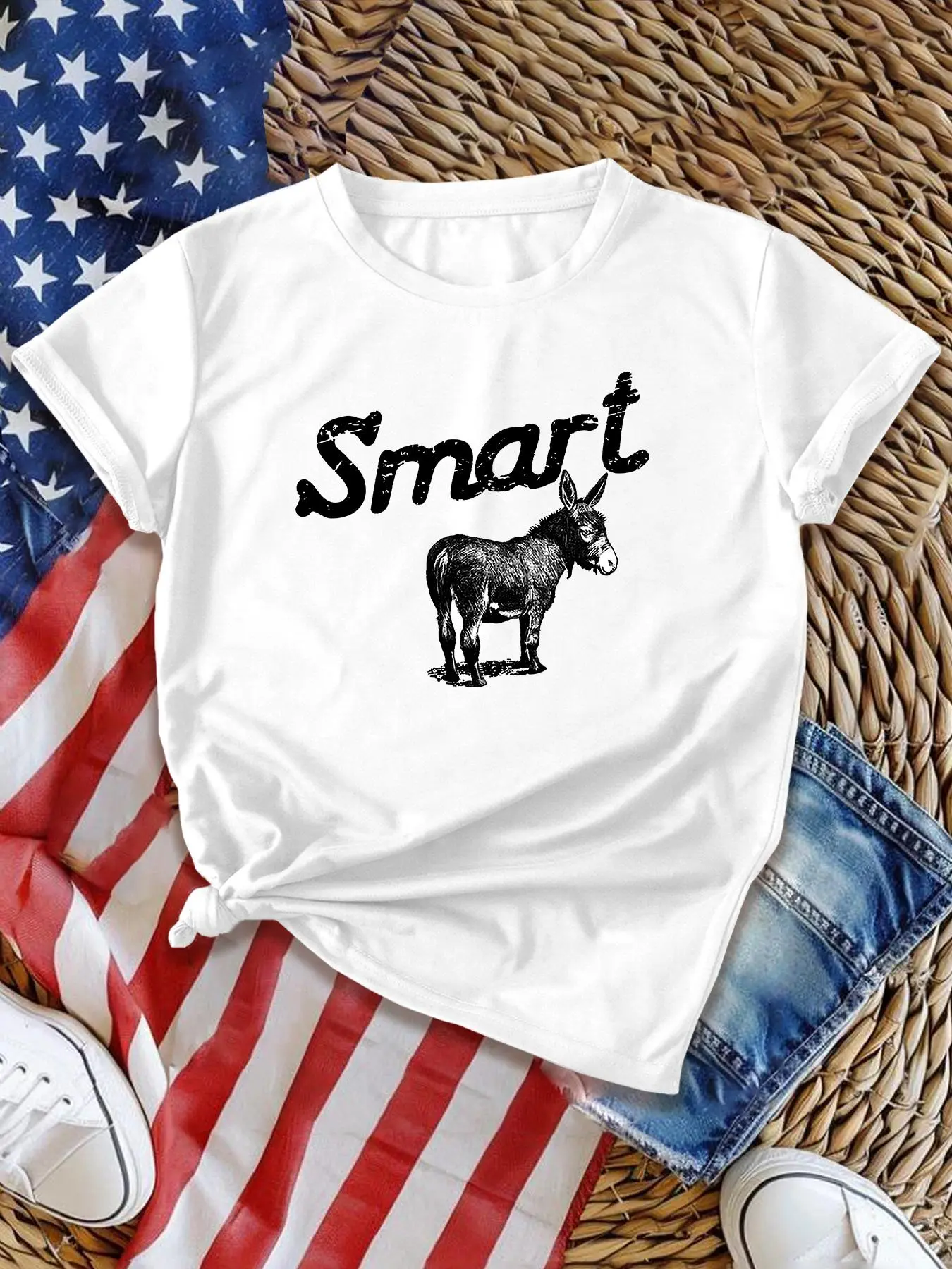 Women's Donkey & Letter Print Round Neck Tee, Casual Crew Neck Short Sleeve T-Shirt, Ladies All Seasons Outfit