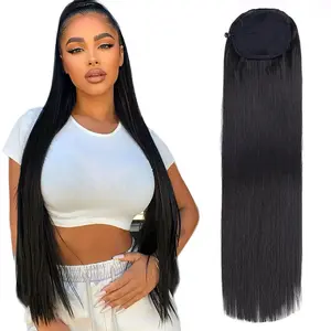 30 inchLong Straight ponytail Extension drawstring Natural Soft Clip in Hair Extension Ponytail Hair Piece for Women (Black)