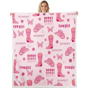 Cowgirl Boots Flannel Blanket,Western Tribal Horseshoe Cap Cowhide Print Bed Blanket for Home Decor,Pink Butterfly Stars Daisy Flowers Graffiti Blanket for Kids Adults Sofa Couch,Baby