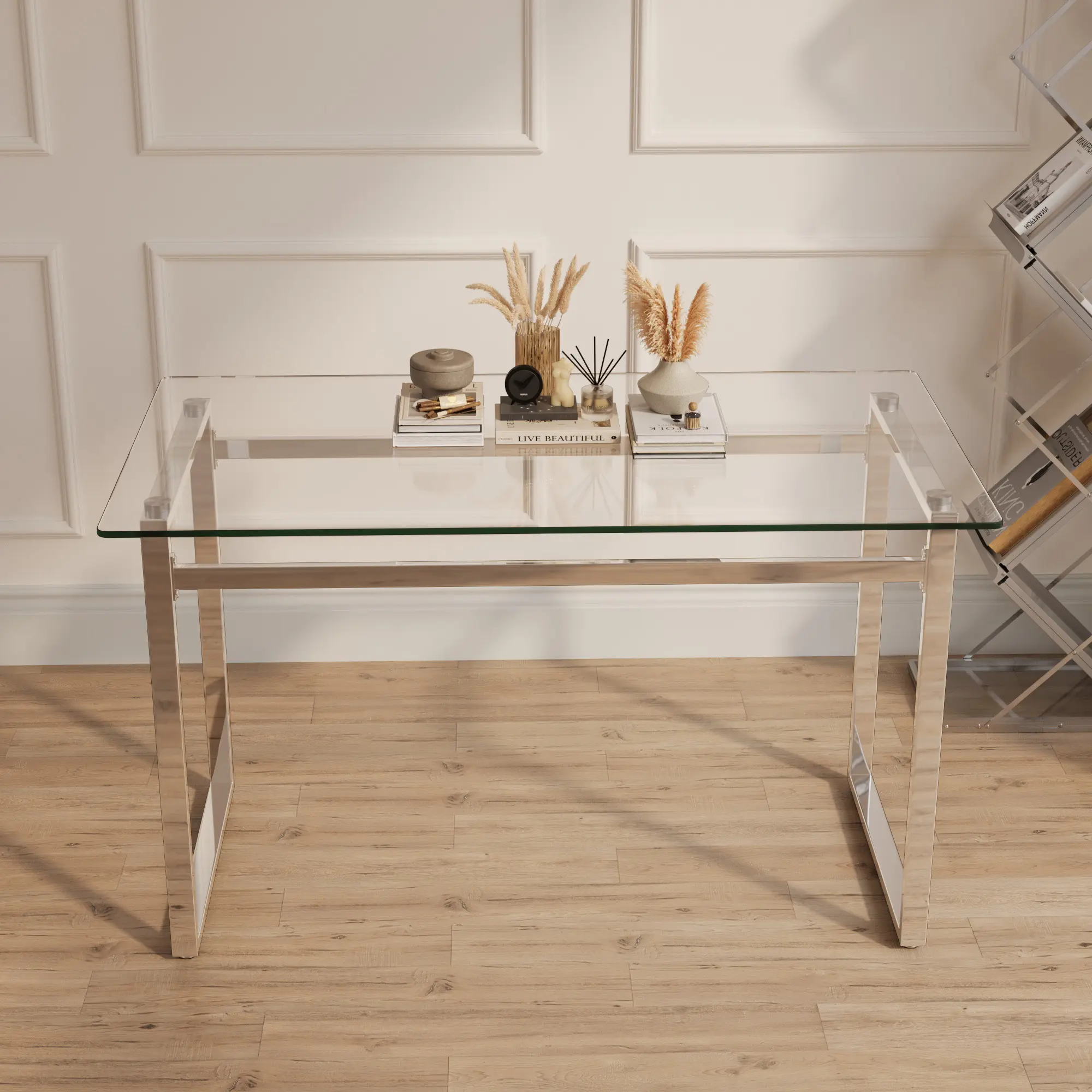 51" Modern Minimalist Rectangular Glass Dining Table for 4-6 with 0.31" Tempered Glass Top & Metal Legs for Kitchen Living Room