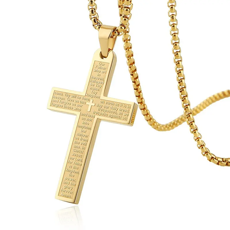 Stainless Steel Cross Necklace Lord's Prayer Pendant for Men & Women 22-Inch Chain 5x3cm Christian Verse Jewelry