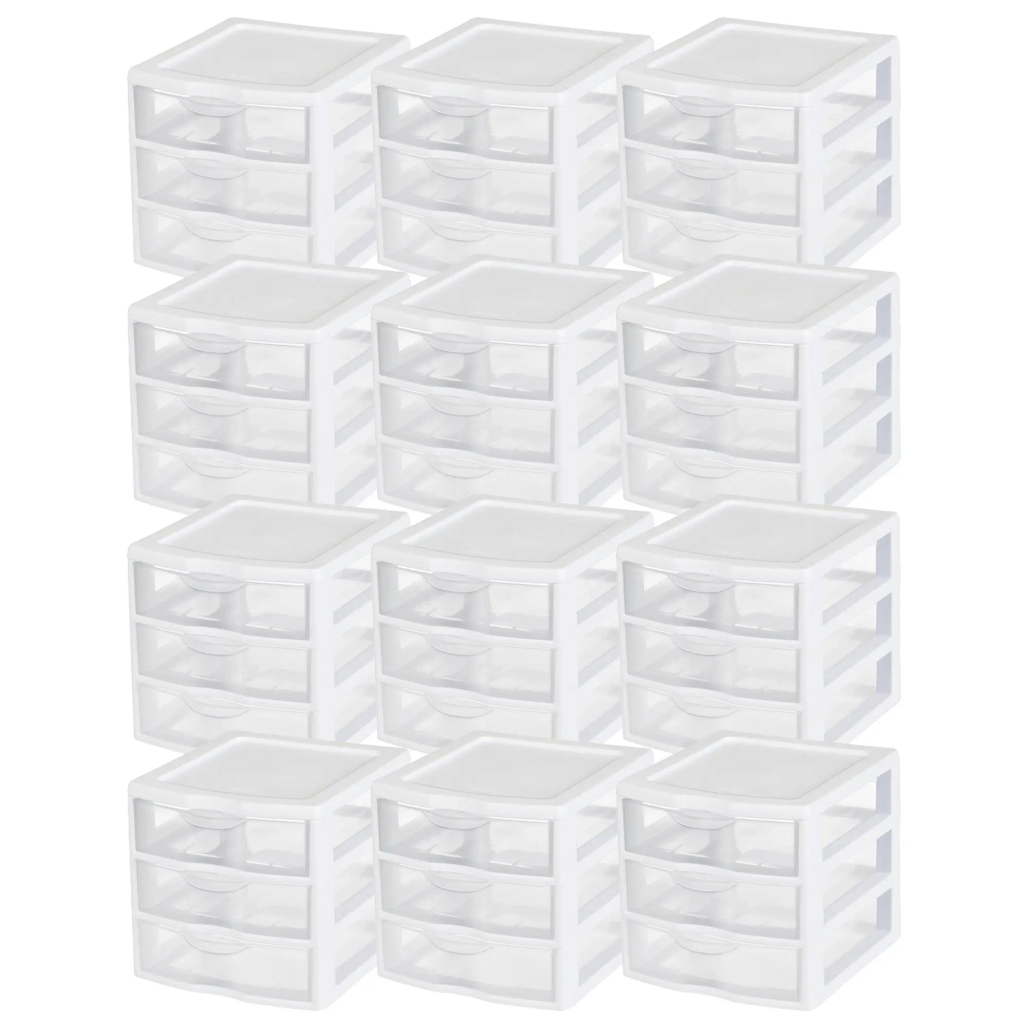 Sterilite ClearView Plastic Small 3 Drawer Desktop Storage Unit, White, 12 Pack
