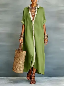 AgeRose Oversized Shirt Dress - Perfect for Beach, Vacation & Brunch! Contrast Trim Button Down Casual Loose Dress # ShirtDress # OversizedDress # ButtonDownDress # ContrastTrim # SummerDress # BohoFashion # MidiDress # DressesForWomen # Outfit of the Day