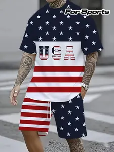 Independence Day Flag Casual Sports Clothing Set for Men, Summer Trendy Short Sleeve Shorts Two-Piece Set, Fitted Graphic Tee and Natural Waist Shorts