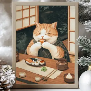 Japanese Cat Sushi Poster, Adorable Cat Dining in Traditional Japanese Room, Cute Sushi Lover Wall Art Decor, Cat and Sushi Art Print, Unframed
