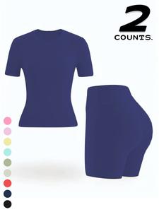 Women's Solid Color Tee & Short Leggings, Casual Sporty Short Sleeve T-Shirt & Skinny Shorts for Gym Workout Running, Ladies Sportswear for Summer