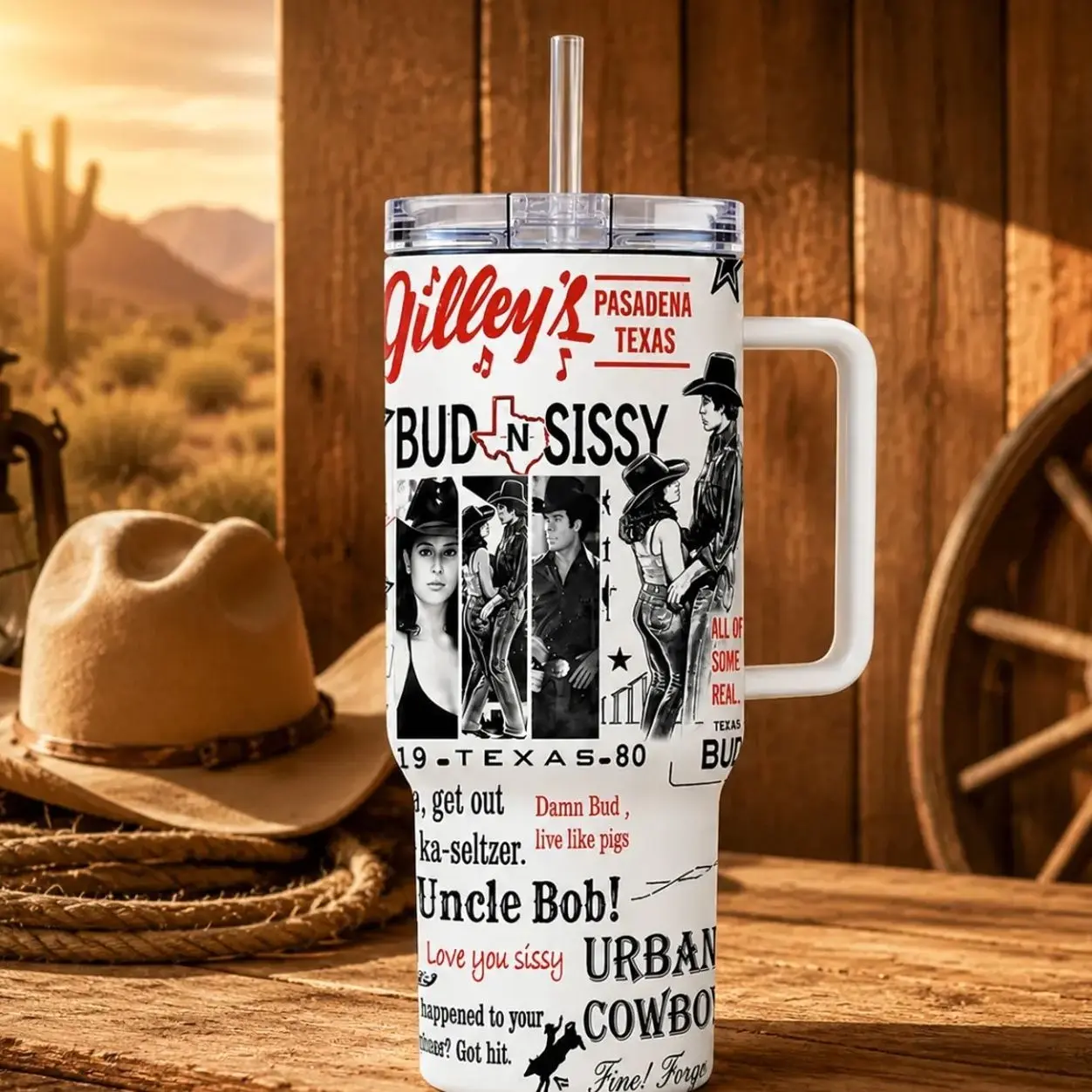 40oz Urban Cowboy Inspired Vacuum Flask - Bud And Sissy Western Movie Fan Cup, Gilley’s Pasadena Texas Country Romance Drinkware, Explosion-Proof Heat Resistant Print Lid Cowgirl Gift (Straw Not Included)