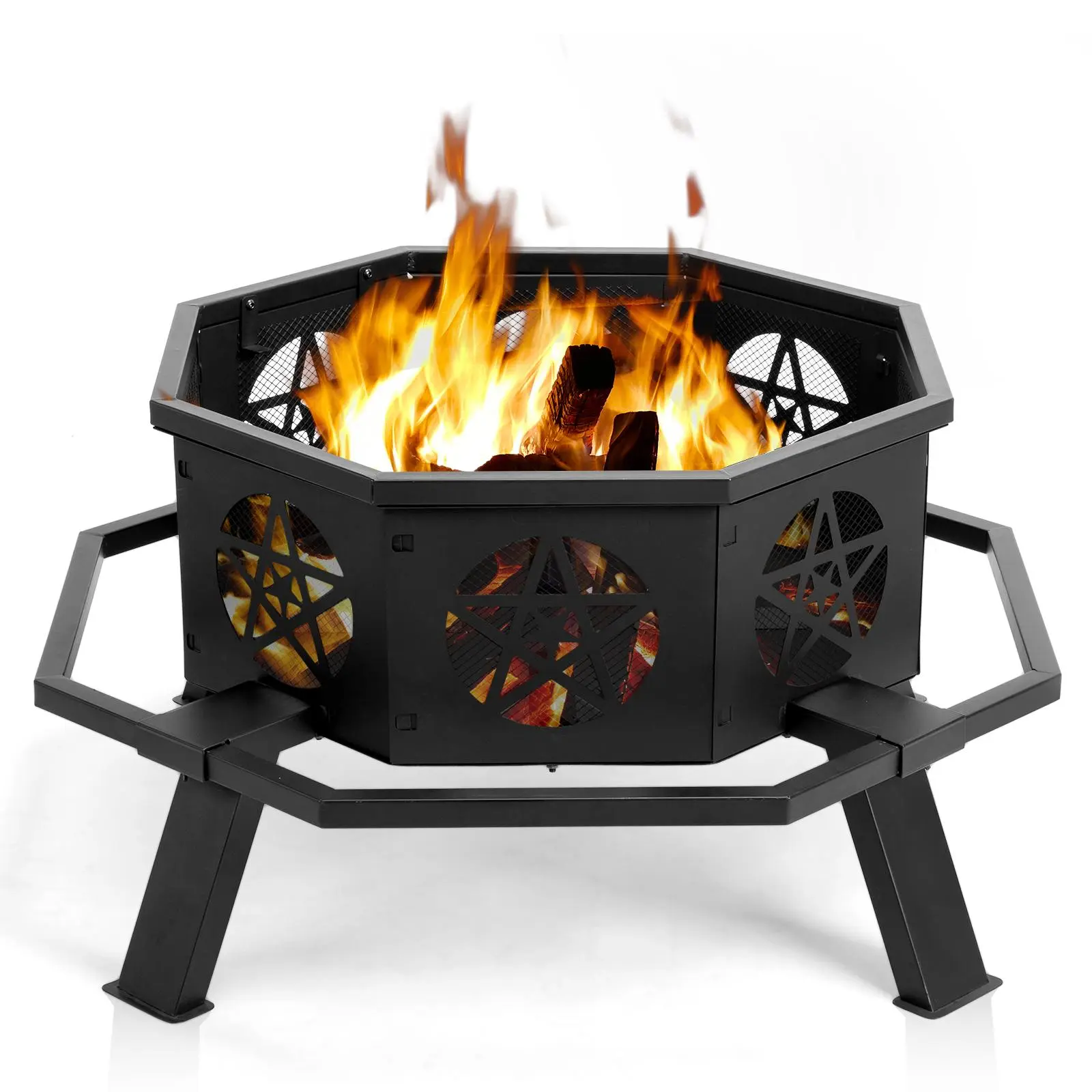 【Summervibes】Ubesgoo 35 inch Star Octagonal Metal Wood Burning Fire Pit with Poker for Backyard Garden Gatherings
