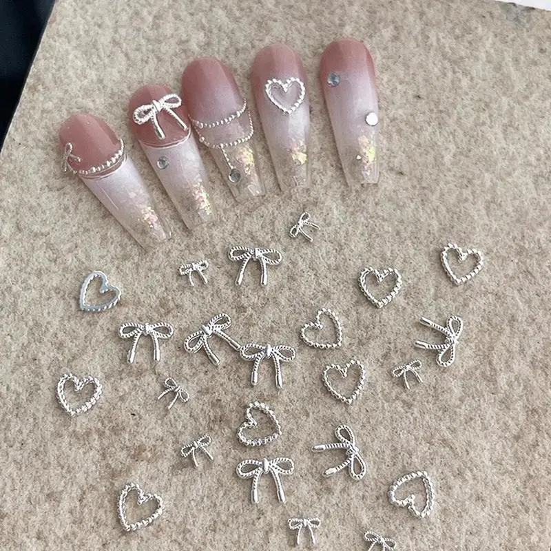 10/100pcs Alloy Bowknot Love Nails Art Charms Decorations 3D Luxury Metal Silver Bows Shaped Jewellery DIY Manicure Designs Supp