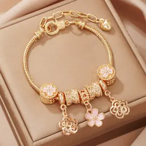 Cross Border Fashion Bracelet Four Leaf Clover Oil Drip Bead Elegant Accessory Pink Flower Big Hole Bead Lobster Clasp Bracelet for Women Perfect for Versatile Outfits as Inner Wear