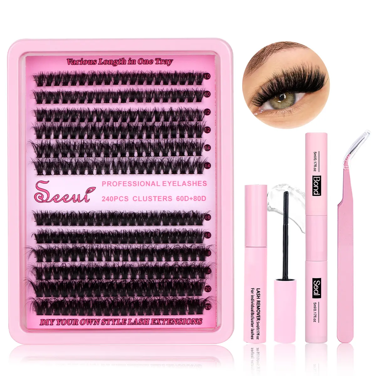 10-20mm DIY Lash Extension Kit, Diy Eyelashes Kit, Volume Lash Clusters 60D+80D D Curvature Individual Lashes Lash Clusters Kit Eyelash Extensions Kit 240 pcs Cluster Lashes Lash Bond&Seal&Remove&Tweezers Eyelash Fixer Cosmetic for Gift