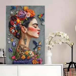 1 Piece Mexican Folk Art Painting - Female Portrait of Tropical Flowers and Parrots, Red Lips, Dark Background - Framed Canvas Wall Decoration - Country Style or Modern Home Decoration - Includes Easy Hooks, Vibran Creative Modern Decoration