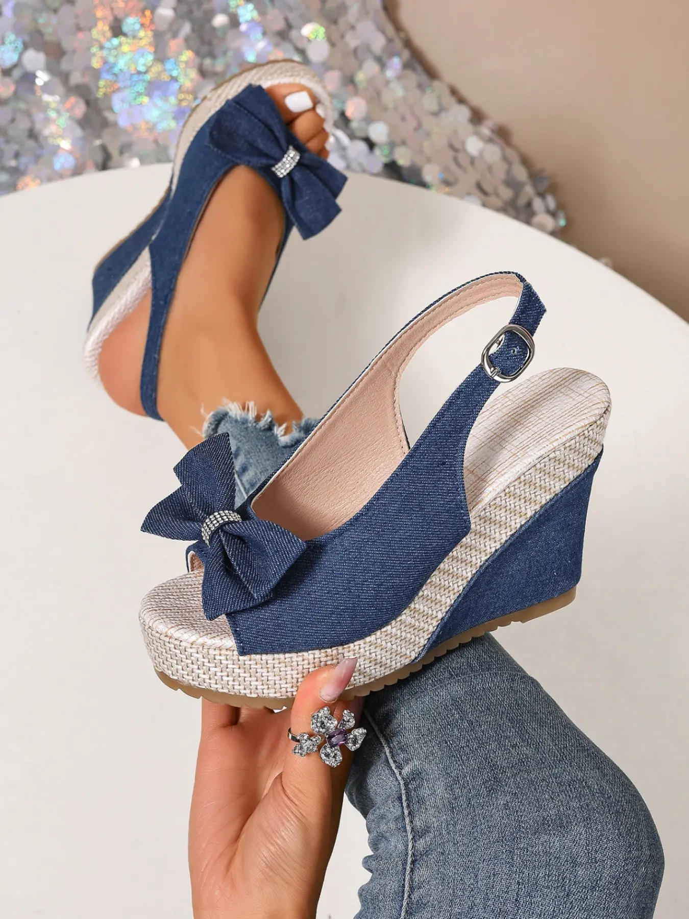Women's Denim Bowknot Wedge Sandals Summer New Thick Sole Woven Waterproof Platform Open Toe Back Strap Wedge Shoes