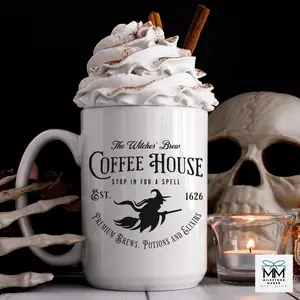Witch Halloween Coffee Mug – Witches Brew Coffee House Cup for Coffee Lovers Ceramic Drinkware Glossy Colorful