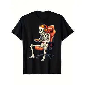 Retro Skull Gamer Halloween Funny T-Shirt |   Casual Crew Neck Short Sleeve, Durable Summer Apparel, Best Gift for Boys, Fabric, Regular Fit