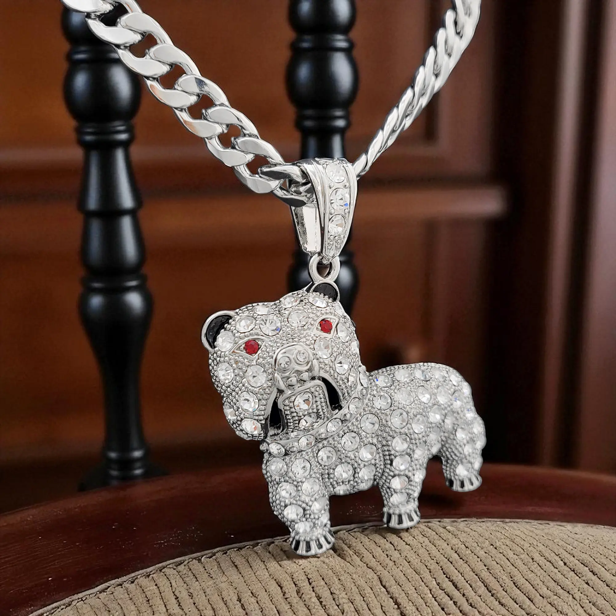 MaxBling81 Unisex Iced Out Bulldog Animal Pendant Necklace, Hip Hop Celebrity Style Silver-Plated Costume Jewelry with Synthetic/Simulated Coloured Gemstones, 65mm Pendant, 10mm Cuban Chain (18"-20"-24"-30") for Daily Wear, 10Mm 18" 20" 24" 30" Cuban Chai