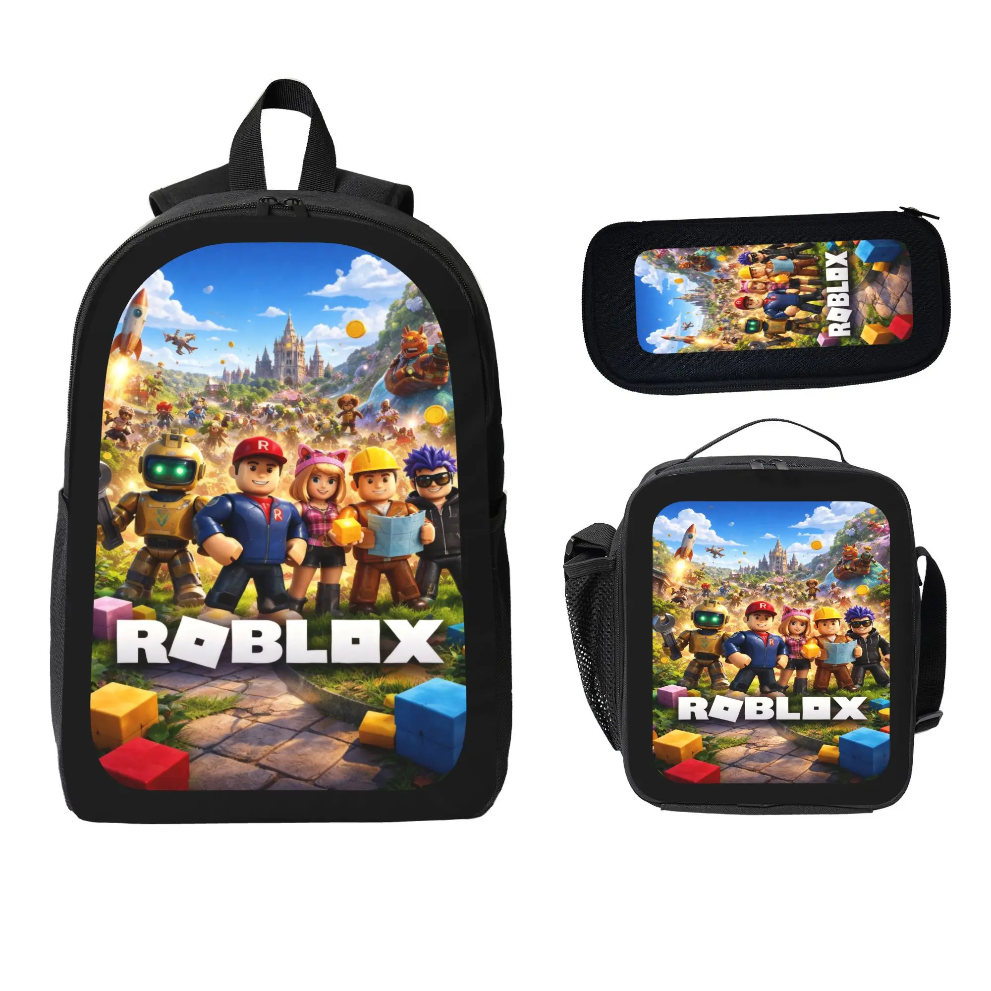 Kids' Gamer Look Pixel Print Backpack, 17 Inch 3-Piece Set for School with Lunch Bag and Pencil Case, Unisex, Back To School Haul, Set Pack