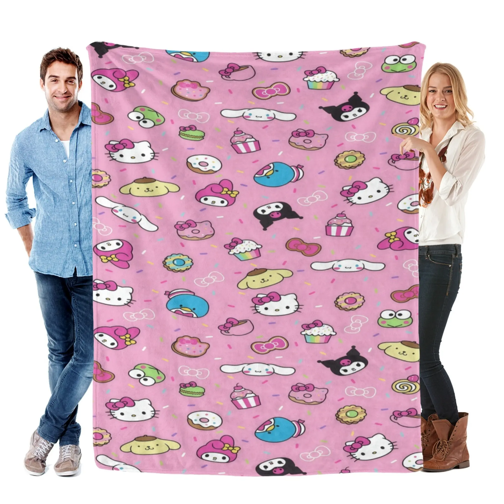 [SummerVibes] SANRIO All-Stars Sweet Treats Soft Flannel Blanket, Kawaii Hello Kitty & Kuromi Donut Pattern 2D Print Throw for Couch, Bed, Home Decor & Gifts