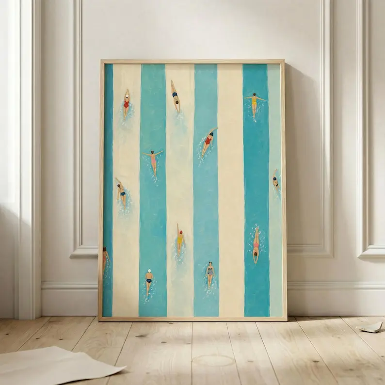 [Sale off up to 55%][Free Ship] Tiny Swimmers Pool Poster, Blue Striped Swimming Wall Art, Retro Coastal Summer Print, Preppy Beach House and Bathroom Decor