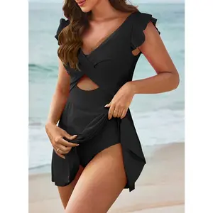 BIGWIG Women's One-Piece Swimsuit — Solid-Color Swimwear with Ruffled Sleeves, Featuring a Front Twist-Knot Cutout Design. V-Neck Swimdress Style with Ruched Tummy Control for Body Shaping, and a Crossover Skirt Design with an Open Back