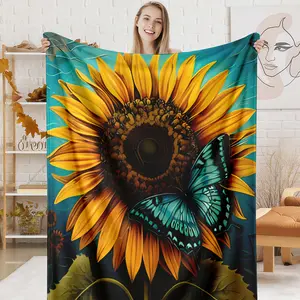 Vibrant Sunflower Butterfly Art Blanket, 1 Count Soft Warm Flannel Throw, Aesthetic Floral Butterfly Blanket for Home Office Travel