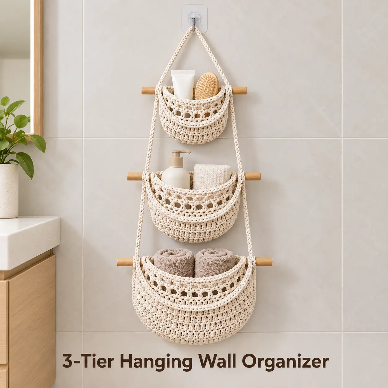 3-Tier Hangable Cotton Rope Macrame Wall Basket Organizer - Home Accessory, Universal Storage for Organizing in Bathroom, Bedroom, Home Supplies