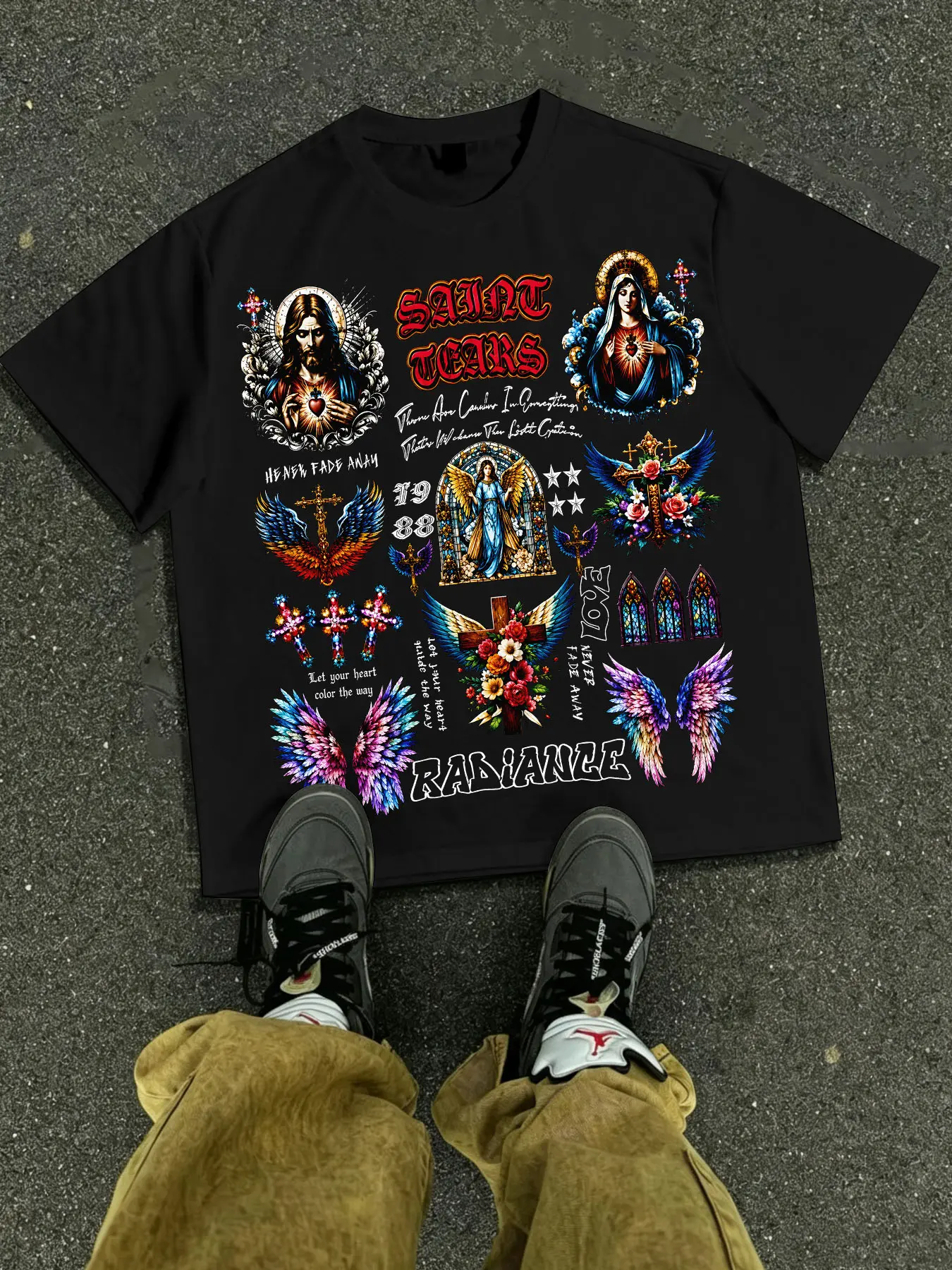 1 PCS "Saint Tears Radiance" Religious Tattoo-Style Graphic Print, Vintage Christian Streetwear, 100% Cotton Breathable Unisex Tee, Ideal for Daily Wear & Faith-Inspired Fashion Fans