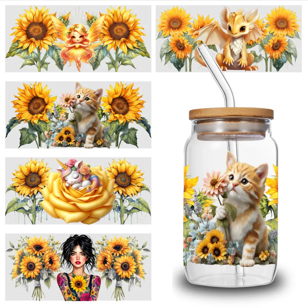 5 Sheets Sunflower Cat UV DTF Stickers UV DTF Cup Wraps Stickers - for 16 Ounce Libbey Cups - Animal 3d Crystal Label - Waterproof And Scratch Resistant Sticker - DIY Sticker for Glass Cups And Bottles
