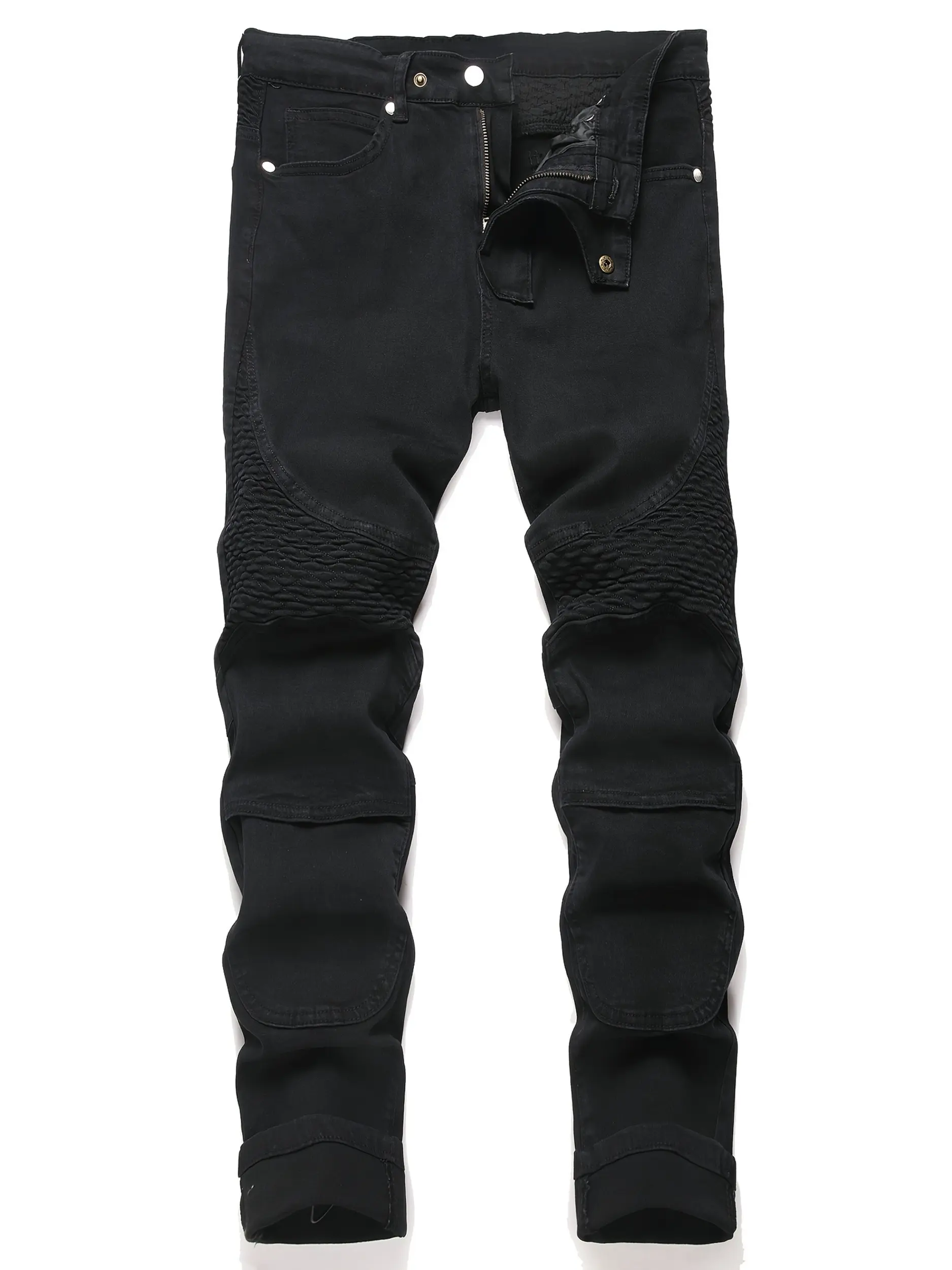 Men's Slim Fit 100% Cotton Plain Black Ripped & Distressed Biker Moto Jeans, Menswear Denim Pants for Stylish Riders, Streetwear Outfit, Classic