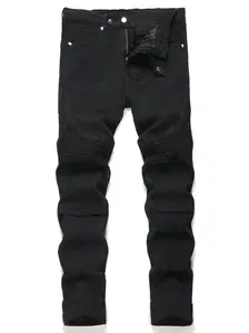 Men's Slim Fit Biker Jeans Ripped & Distressed Moto Denim Pants 100% Cotton Solid Black Color for Stylish Riders Streetwear Outfit