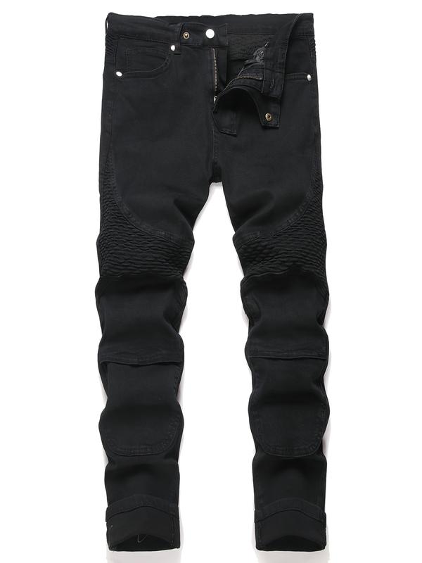 Men's Slim Fit Biker Jeans Ripped & Distressed Moto Denim Pants 100% Cotton Solid Black Color for Stylish Riders