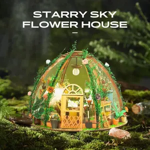 DIY Mini House Kit Wooden Greenhouse Building Set with Furniture LED Lights, Perfect for Adult DIY Home Decor Birthday Gift