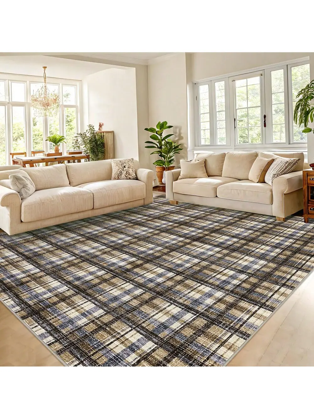 10x13 ft Blue Modern Plaid Tartan Ultra Thin Pile Indoor Area Rug - Machine Washable Washable Fiber, Non-Slip, Non-Shedding, Stain-Resistant, Pet-Friendly, Foldable Rectangular Carpet for Bedroom, Living Room