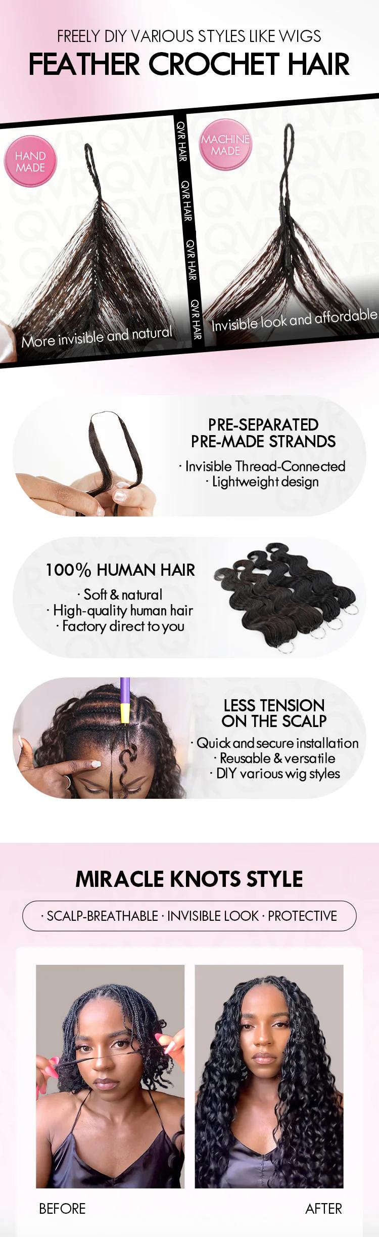 QVR Burmese Curly Crochet Hair Twist Natural Black Machine Made Feather Crochet Human Hair Extension 14-24 Inches 100% Human Hair