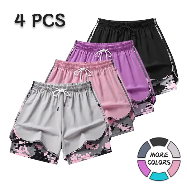 Women's 4-Pack 2-in-1 Athletic Shorts - Quick-Dry Polyester Clothes, Anti-Awkward Layer, Street-Camo Edge, Drawstring Waist, Pocket for Smalls, Stylish for Active Sports Enthusiasts, Running