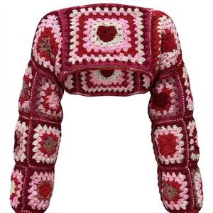 Cropped Granny Square Sweater - Red and Pink Crochet Design with Heart Motif